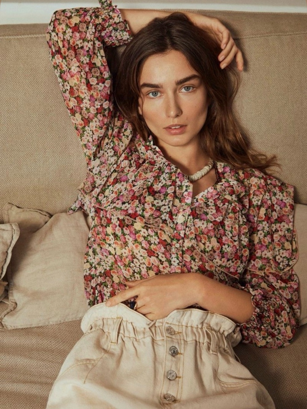 Mango Pink Floral Ruffle Button-Front Blouse Relaxed fit